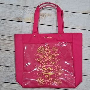 Ed Hardy Do Or Die Pink And Gold Large Tote Bag